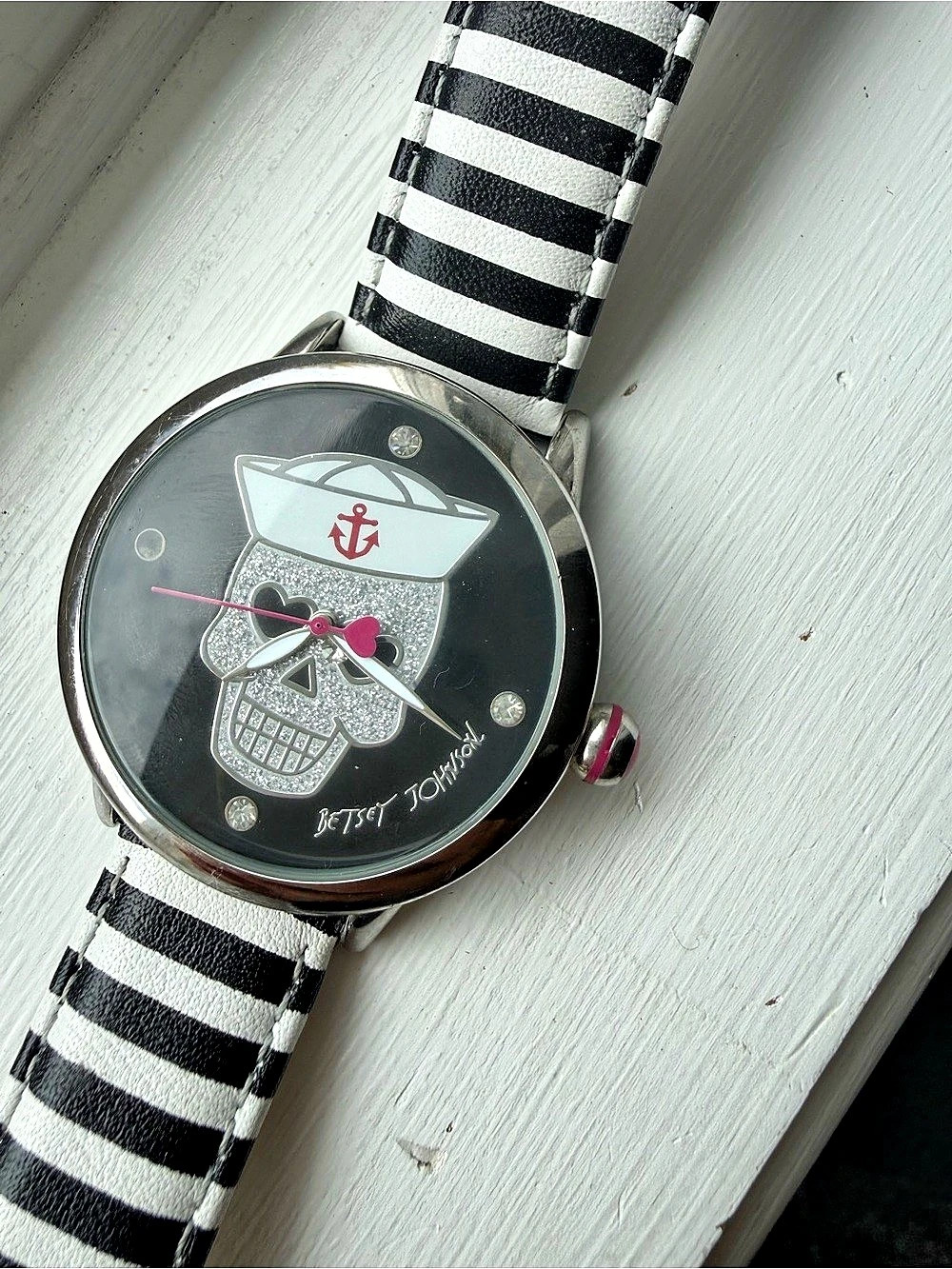 Betsey Johnson Sailor Skull Striped Watch Black & White